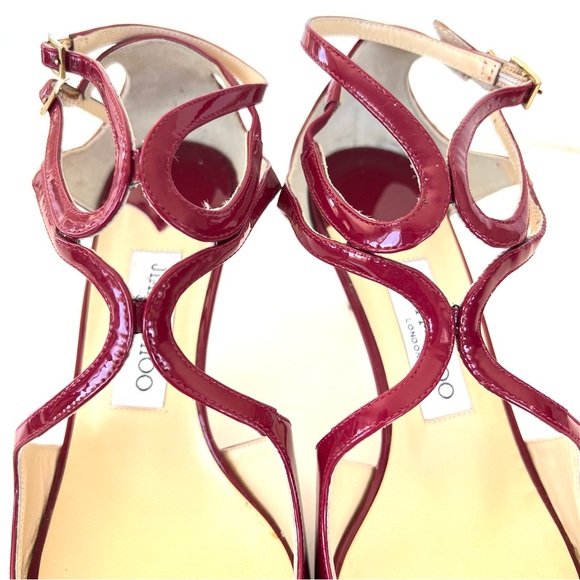 JIMMY CHOO Ivette Burgundy Patent Leather Double Side Buckle Heel Sandals Sz 37 - Picture 5 of 11